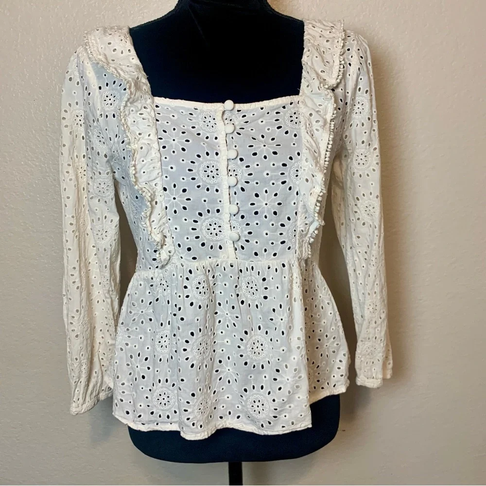 Madewell Eyelet Peplum Top 1/2 Button Up Ruffle White Size Small - Picture 16 of 16